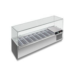 Vitrine réfrigérée en acier inoxydable pour 8 GN1/3. Température +2°C/+8°C. Thermostat électronique. Dimensions LxPxH 180x39,5x43,5 cm. RWX1802 - 4646