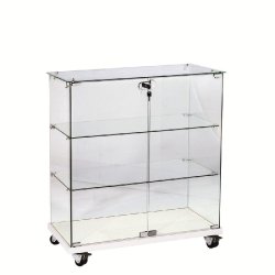Vitrine 80x40x90cm verre trempé 2 tablettes, top verre, socle blanc, serrure