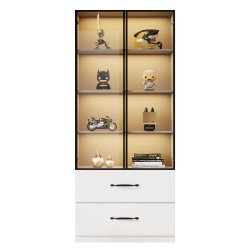 Merax Vitrine LED 60×40×160 cm, vitrine en verre avec portes en verre trempé, bibliothèque et armoire multifonctionnelle avec 2 tiroirs, blanc - b