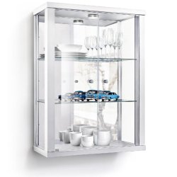 K-Möbel Vitrine suspendue en Blanc (80x60x25 cm) avec 2 étagères en verre réglables en hauteur, miroir & LED - vitrine de voiture miniature argent