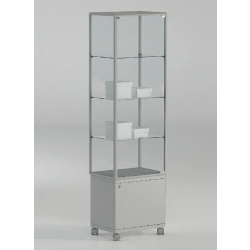 Vitrine colonne avec rangement 51-MPVA - verre trempé, roulettes, serrure - gris clair