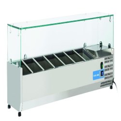 Vitrine réfrigérée pour condiments en acier inoxydable pour 7 plateaux GN1/4. Dimensions 150x33.5x44h cm. Température +2°C/+8°C. Tête froide VR