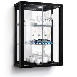 K-Möbel Vitrine suspendue en Noir (80x60x25 cm) avec 2 étagères en verre réglables en hauteur, miroir & LED - vitrine de voiture miniature argent