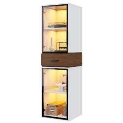 Merax Vitrine en Verre LED 40 × 40 × 200 cm, vitrine étroite avec Portes et tiroirs en Verre trempé, bibliothèque Blanche Moderne - blanc multi-m