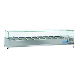 Vitrine réfrigérée en acier inoxydable pour 9 plateaux GN1/3. Dimensions 200x39.5x44h cm. Température +2°C/+8°C. Tête froide VRX 20/38 - 1791