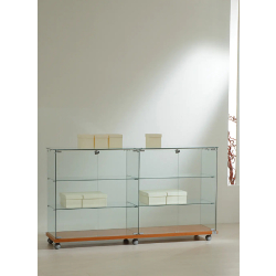 Large vitrine basse 16/90VA - cerisier - meuble d'exposition en verre trempé et bois avec 4 tablettes amovibles et serrure