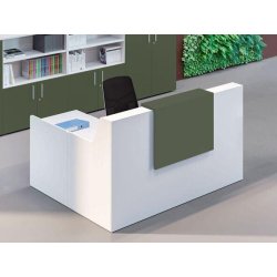 Bureau d'accueil en angle avec réhausse en stratifié et surface comptoir en métal