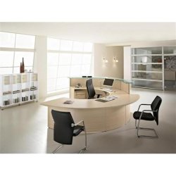 Banque d'accueil VOLTA + accueil PMR - Fabricant LAS - Référence VOLTA 14 - Finition érable - L 352 x 276 cm