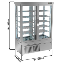 Vitrine réfrigérée positive à pâtisserie sur roulettes avec 4 côtés vitrés et 10 étagères - couleur argent