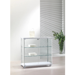 Vitrine basse comptoir sur roulettes 93-BVA - blanc poli - avec 2 tablettes amovibles et porte vitrée avec serrure