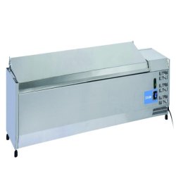 Vitrine réfrigérée en acier inoxydable pour 9 plateaux GN1/3. Dimensions (LxPxH) 200x39,5x28,1 cm. Température +2°C/+8°C. Tête froide VRX 20/38