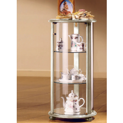 Vitrine ronde en bois DV15VA - laqué crème cérusé - 2 tablettes réglables - fond miroir - porte avec serrure