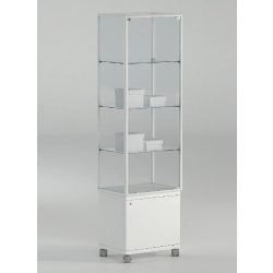 Vitrine colonne avec rangement 51-MPVA - blanc poli - verre trempé - roulettes - 3 tablettes amovibles