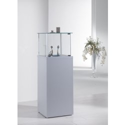 Vitrine cloche l 45 p 45 h 135 cm sur socle gris avec porte battante et serrure
