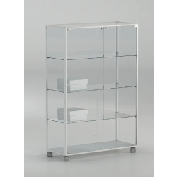 Vitrine d'exposition étagères réglables 91-14PVA - verre trempé - aluminium - blanc poli - roulettes