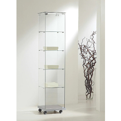 Vitrine colonne en verre trempé 4/18VA - 3 tablettes amovibles - socle bois - gris