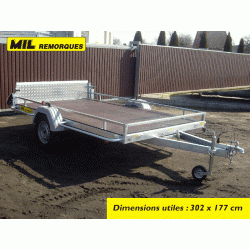 Remorque porte quad 4 - Dim. utiles 302x176 cm - PTAC 750 kg - Charge utile 457 kg - Plancher anti-dérapant