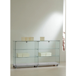 Large vitrine basse 16/90VA - gris - meuble d'exposition en verre trempé avec 4 tablettes et serrure