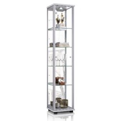 K-Möbel vitrine en verre en alu/ argent (176x37x33cm) avec 4 étagères en verre réglables en hauteur, miroir, serrure, LED - modèle de voiture vit