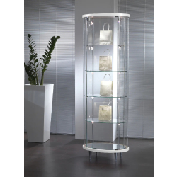 Vitrine ovale colonne d'exposition 203/OPVA - blanc poli - verre trempé, 4 tablettes réglables et éclairage LED
