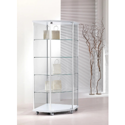 Vitrine d'exposition d'angle 70-AVA - blanc poli en verre trempé avec serrure et 4 tablettes amovibles
