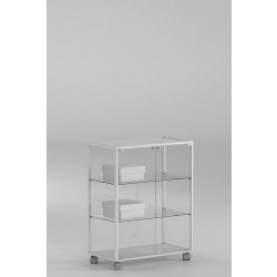 Comptoir vitrine en verre trempé sécurit avec serrure - aluminium blanc - L 71 x P 37 x H 90 cm - sur roulettes