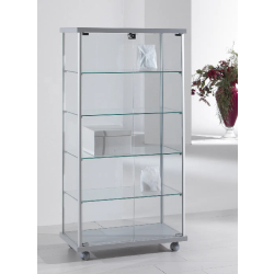 Vitrine d'exposition largeur 73 cm - 73-14VA - verre trempé, gris clair, 4 tablettes amovibles, sur roulettes