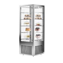 Vitrine réfrigérée à pâtisserie sur roulettes avec 4 côtés vitrés et 5 étagères - couleur argent