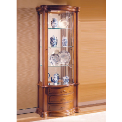 Vitrine en bois trois tiroirs DV25VA - Merisier - Colonne en verre trempé avec serrure et fond miroir