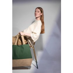 Sac shopping en toiles de coton et jute - Grand fourre-tout avec fond laminé - Poche intérieure zippée - Réf: KI0235