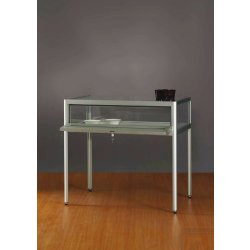 Vitrine table argent avec porte battante - Dimensions L 100 P 60 H 92 cm - Verre trempé sécurit