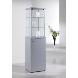Vitrine cloche l 45 p 45 h 175 cm sur socle gris porte battante et 2 etageres