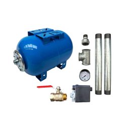 Kit surpresseur eau horizontal 200L - raccordement 1"1/4 avec pressostat Schneider et manomètre axial