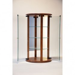 Vitrine d'exposition demi-lune 25134 - finition chêne patiné avec fond miroir et 3 tablettes en verre