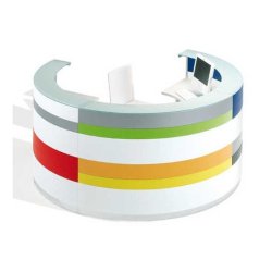 Banques d'accueil Ultom Twist - design circulaire et linéaire avec panneaux en lattes de couleurs et plateaux en verre