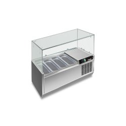 Vitrine réfrigérée en acier inoxydable pour 4 GN1/3. Température +2°C/+8°C. Thermostat électronique. Dimensions Lxlxh 120x39,5x43,5 cm. RWX1202 - 4643