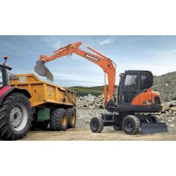 Mini-pelles sur pneu Doosan DX55W - 5,5 tonnes - moteurs Yanmar, cabine spacieuse, faible bruit de fonctionnement