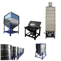Silo, trémie de stockage en acier et inox avec ou sans couvercle pour matière plastique - Capacité 130 dm3 à 8000 dm3