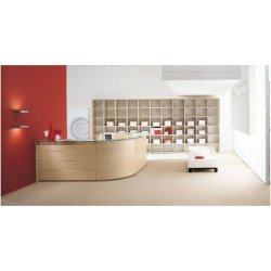 Banque d'accueil Luna avec retour - Panneau mélaminé, top en verre satiné, modules droits et courbes, dimensions variées