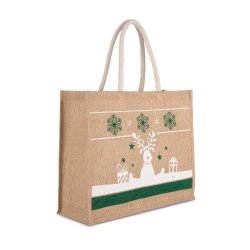 Sac shopping réutilisable en jute avec motifs de Noël - Réf: KI0736 - Kimood