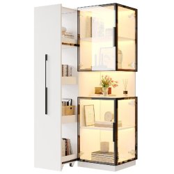 Merax Vitrine 70x38x160 cm avec éclairage LED et étagère coulissante, vitrine MDF pour salon, salle à manger et cuisine, blanc - blanc multi-maté
