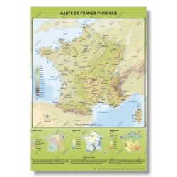 Carte de France physique - relief, hydrographie et éléments géographiques - poster plastifié A0