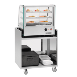 Comptoir mobile pour snack - acier inoxydable avec vitrine en verre et niches réglables