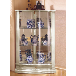 Vitrine en bois basse d'angle DV24VA - laqué crème cérusé avec fond miroir et tablettes réglables