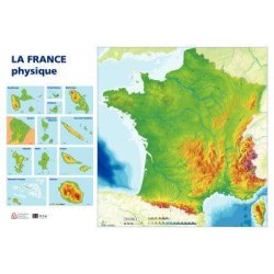 Carte de France physique - 120x80 cm - Muette avec régions, cours d'eau et fonds marins