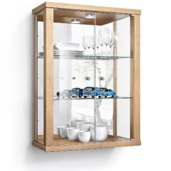 K-Möbel Vitrine suspendue en hêtre (80x60x25 cm) avec 2 étagères en verre réglables en hauteur, miroir & LED - vitrine de voiture miniature argen