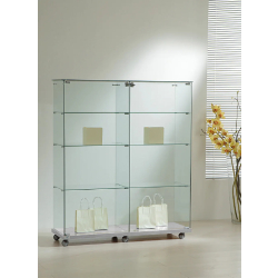 Vitrine d'exposition en verre trempé - portes battantes 12/14VA - socle bois - 117 x 40 x 140 cm - finition gris