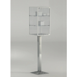 Vitrine d'exposition sur pied central 4-PFPVA - verre trempé, 2 tablettes amovibles, serrure intégrée