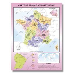 Carte de France administrative - Modèle Fluorine - Poster plastifié A0 - Grand format, résistant et effaçable