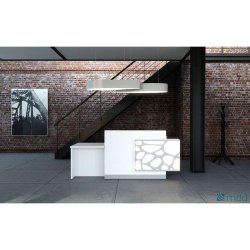 Banque d'accueil Organic - Module PMR intégré - Plan de travail mélaminé blanc pastel et top en verre laqué